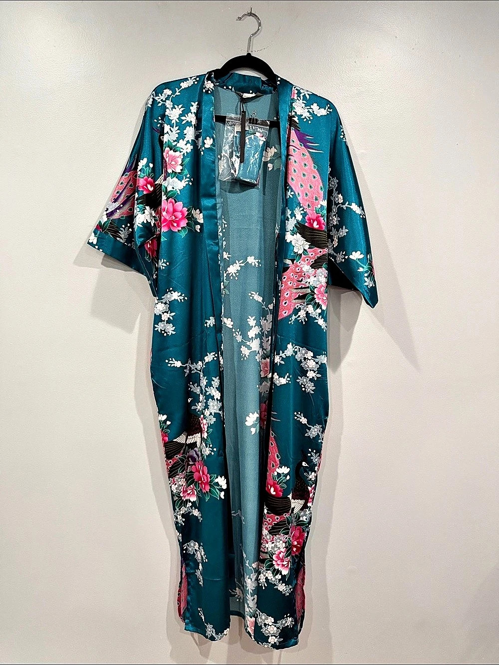 BABEYOND Maxi Long Silk Satin Kimono Dress Peacock Bathrobe Womens Robe S M L